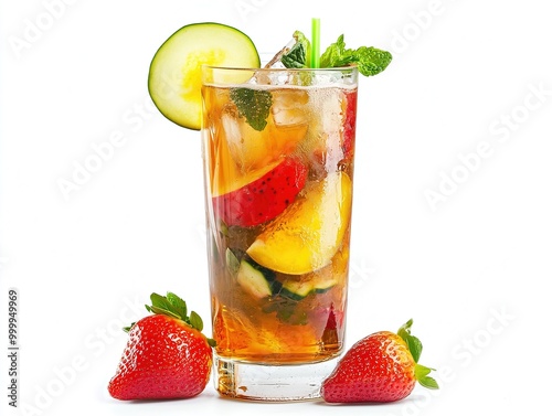 Delicious and tasty alcohol cocktail Pimms beautiful white background bar concept fruit salad strawberries amazing