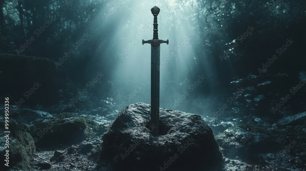 Naklejka premium A sword stands tall, piercing a large rock in a misty forest setting, casting a dramatic shadow.