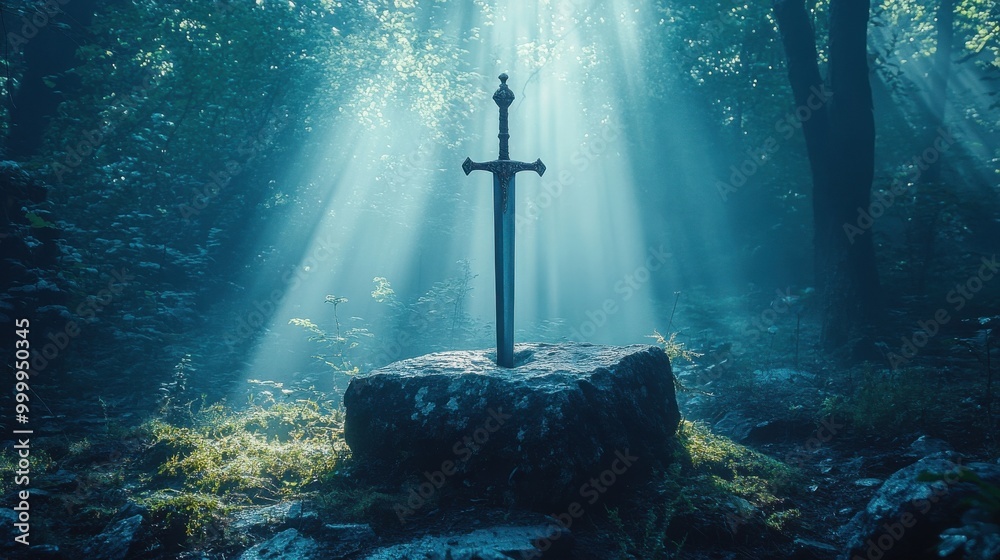 Naklejka premium A gleaming sword stands tall in the heart of a misty forest, bathed in the soft glow of sunlight filtering through the dense canopy.