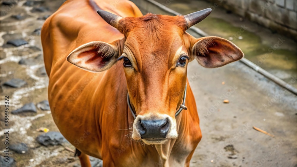 High angle view of a brown cow ready for Qurban ritual during Eid al Adha High angle view of a brown cow ready for Qurban ritual during Eid al Adha