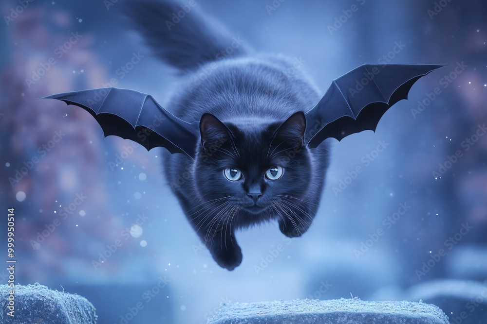 Black Cat with Bat Wings Soaring: A magical moment captured as a black ...