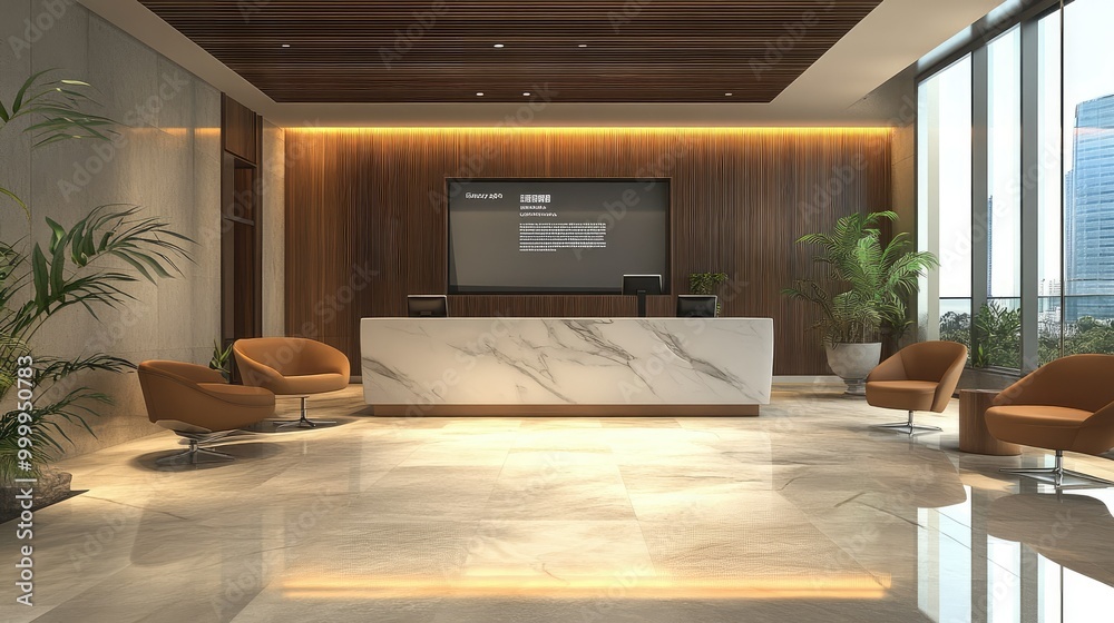 Fototapeta premium Corporate lobby with stylish furniture, a digital welcome screen, and an elegant reception desk.