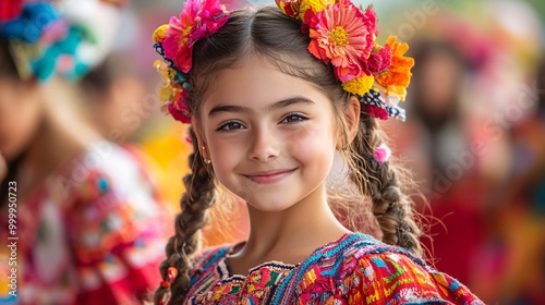 Cultural Bliss - Young girl joyfully dancing in traditional attire at vibrant festival, colorful decorations in background, medium shot