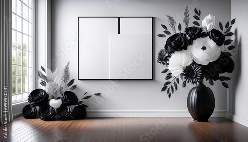 Black and White Art, Harmonizing with Floral Elegance photo