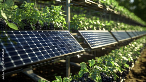 Growing Energy. Rows of solar panels intermixed with rows of plants, showcasing a sustainable and efficient approach to energy production. photo