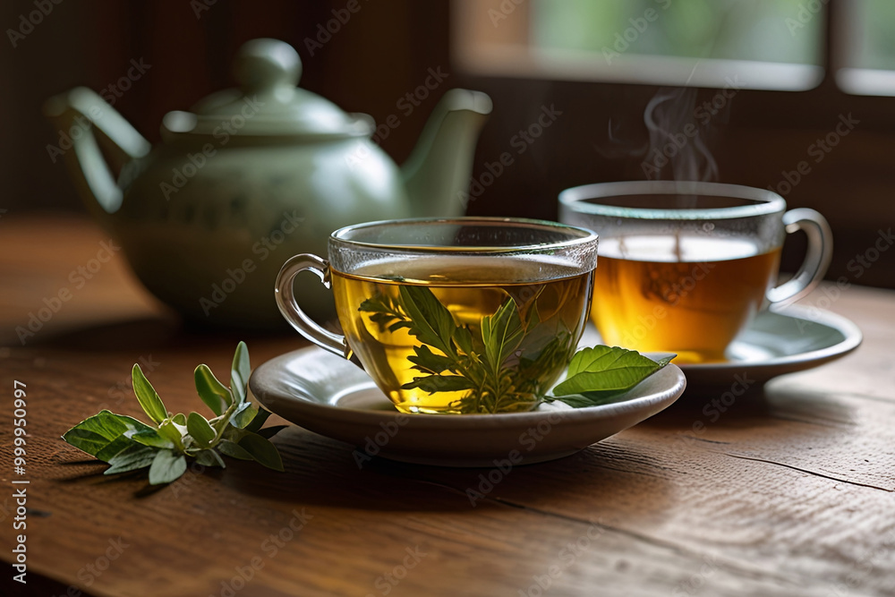 Serene Herbal Tea Scene with Stevia Leaf on Glass Cup, Capturing Warm Amber Tones and Natural Sweetness Serene Herbal Tea Scene with Stevia Leaf on Glass Cup, Capturing Warm Amber Tones and Natural Sweetness