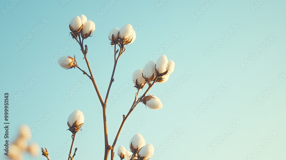 Cotton bolls on a plant branch, set against a clear sky with plenty of room for text, creating a calm, natural vibe. Cotton bolls on a plant branch, set against a clear sky with plenty of room for text, creating a calm, natural vibe.