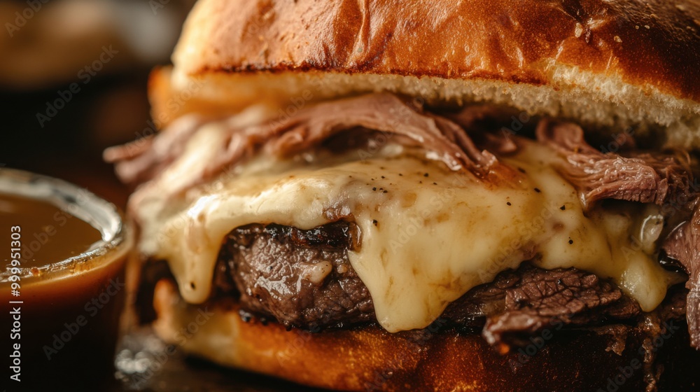 A savory sandwich with tender roast beef, gooey cheese, and a golden bun, served with a side of rich gravy. A savory sandwich with tender roast beef, gooey cheese, and a golden bun, served with a side of rich gravy.