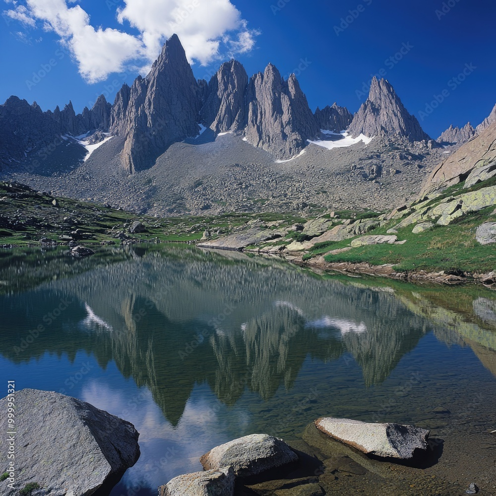 Naklejka premium Crystal-clear alpine lake surrounded by jagged mountain peaks, reflecting the towering rocks and sky.