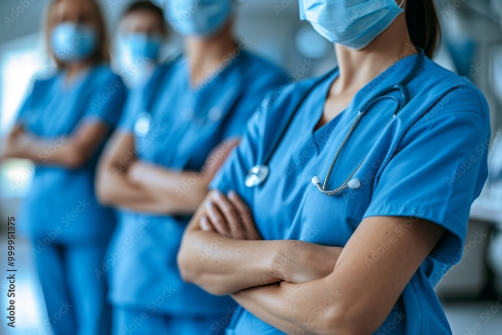 Vibrant Close-Up of Medical Team in Blue Scrubs with Arms Crossed in Hospital Office Vibrant Close-Up of Medical Team in Blue Scrubs with Arms Crossed in Hospital Office