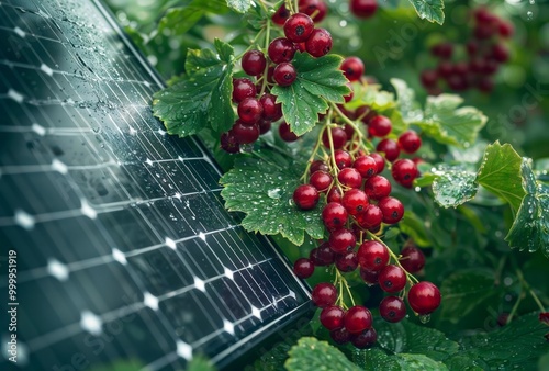 Renewable Energy Harvest. Solar panel with red currants. photo