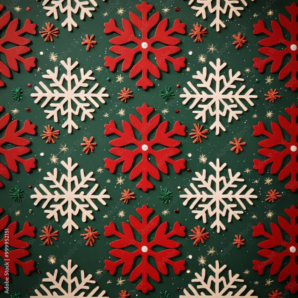 Red and White Snowflakes on Green Background