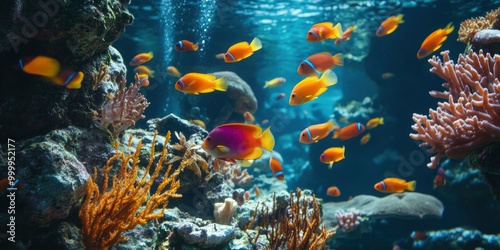 Colorful fish under water with coral reefs and sunlight on background