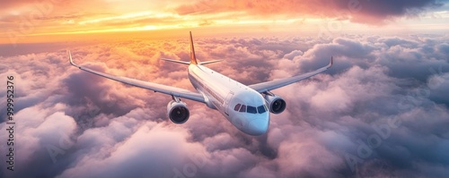 Commercial airplane flying above dramatic clouds during sunset