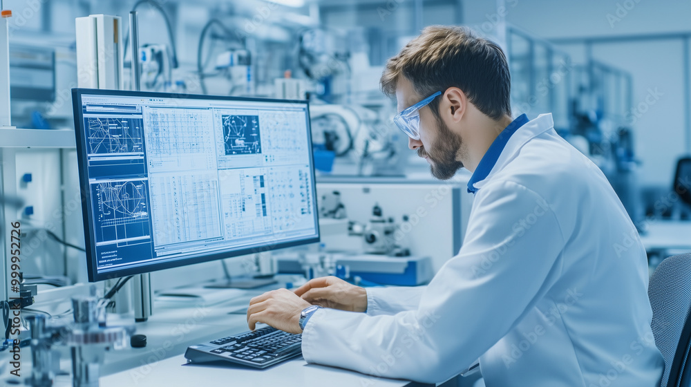 Scientist analyzing data in a modern laboratory setting Scientist analyzing data in a modern laboratory setting