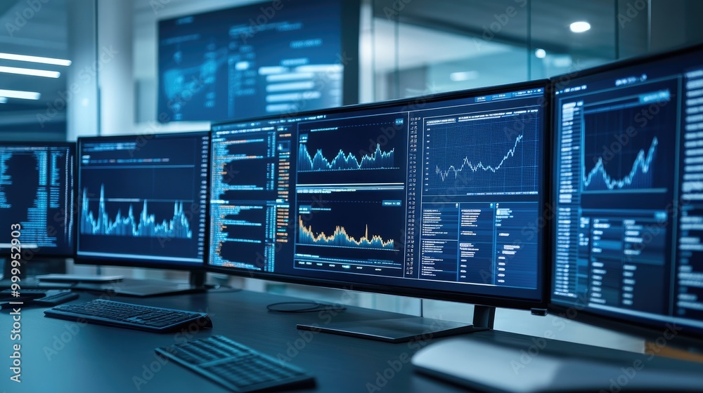 Digital financial data displayed on multiple screens in a professional business setting.