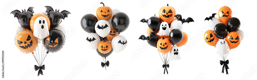 Obraz premium Spooky 3D Cartoon Halloween Balloon Bouquet with Ghost, Bat, and Pumpkin Shapes Floating on Black Ribbons, Isolated on Transparent Background
