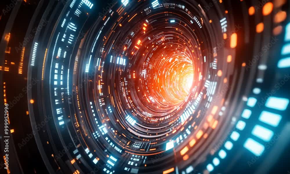 Abstract digital tunnel with glowing lights and futuristic design. Abstract digital tunnel with glowing lights and futuristic design.