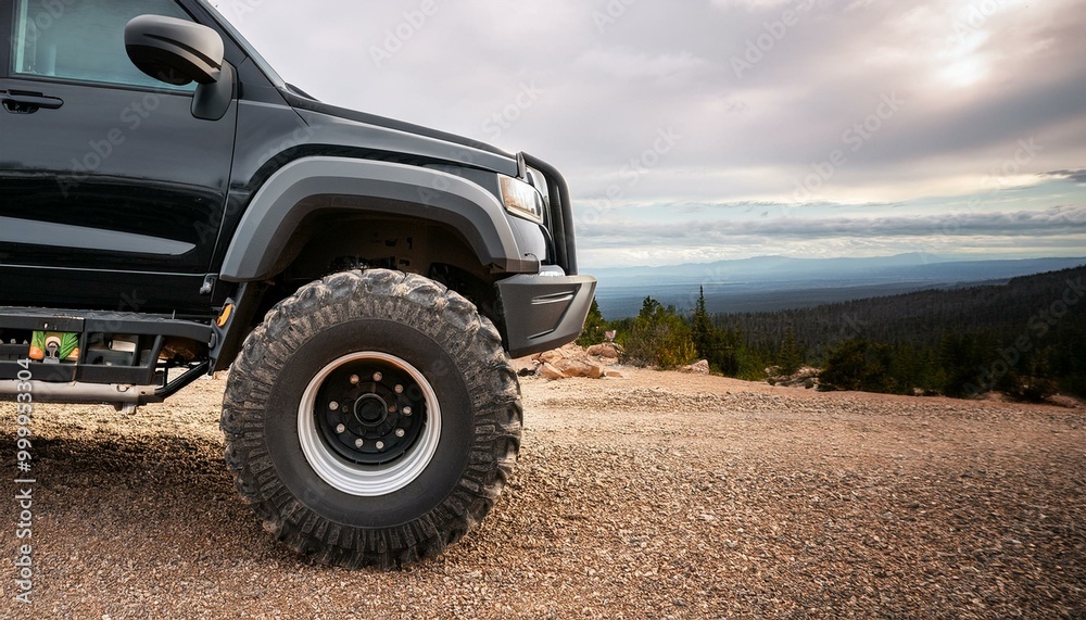 Close-up of a black off-road truck with large all-terrain tires on a gravel road Close-up of a black off-road truck with large all-terrain tires on a gravel road