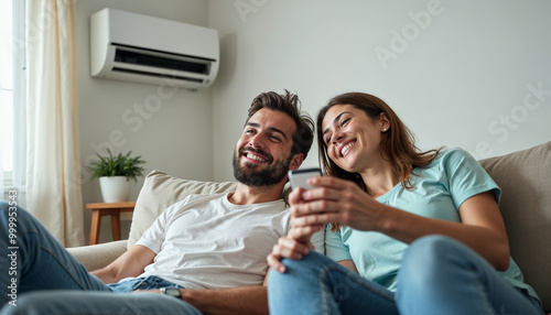 Young happy man and woman turning on air conditioner sitting on sofa at home. Smiling couple of homeowners enjoying cool conditioned air using remote resting on couch together in living room. Banner.