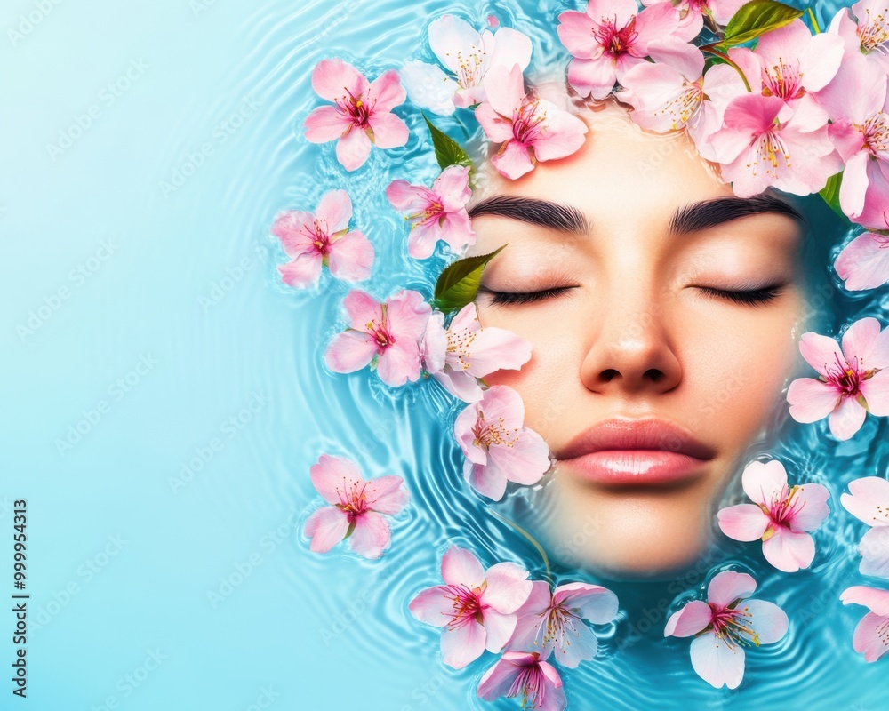 Woman's serene face surrounded by pink flowers in blue water. Spa and massage. Woman's serene face surrounded by pink flowers in blue water. Spa and massage.