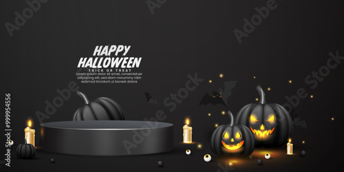 Halloween luxury promotion product podium background design template. Black gradient color podium art. Black color Happy Halloween realistic cylinder 3D podium design with pumpkins, bats, and eyes. 