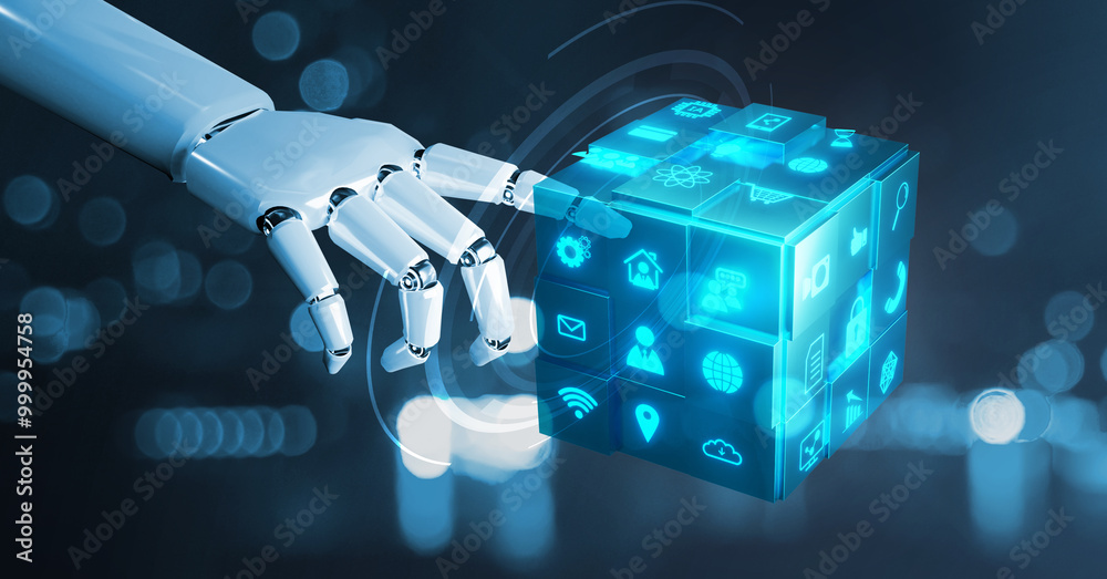 Naklejka premium Internet communication information technology ICT IOT concept using artificial intelligence AI assistance, cyberspace data collection interwebs multimedia business function ideas tool innovation