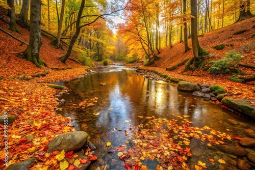 High angle view of autumn creek landscape covered with fallen leaves