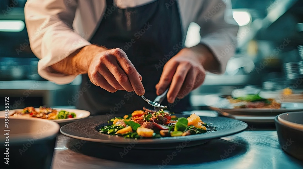 Chef food banner. Close-up of a chef preparing food for a fine dining meal in a restaurant, showing professionalism and creativity, as hands prepare delicious and healthy food in the kitchen Chef food banner. Close-up of a chef preparing food for a fine dining meal in a restaurant, showing professionalism and creativity, as hands prepare delicious and healthy food in the kitchen