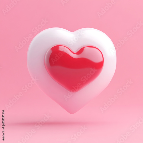 A white speech bubble with a red heart icon on a pink background. 