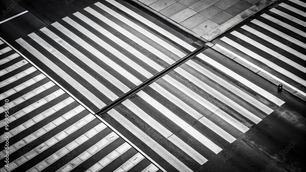 Obraz premium High angle view of black and white street with white crosswalk