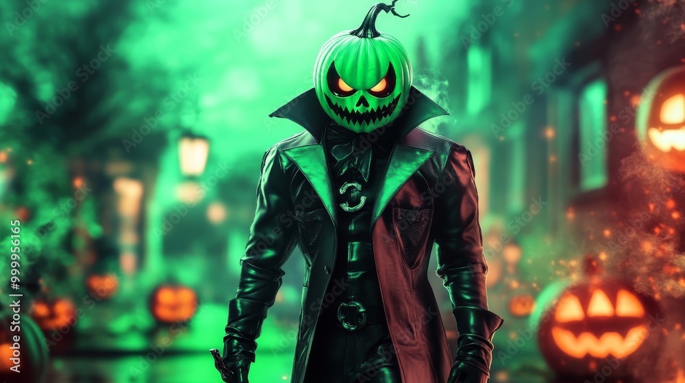 Sinister figure with glowing jack-o'-lantern head stands in misty urban alley. Green atmospheric lighting. Carved pumpkins line the street. Dark clothing contrasts with bright, menacing face. Sinister figure with glowing jack-o'-lantern head stands in misty urban alley. Green atmospheric lighting. Carved pumpkins line the street. Dark clothing contrasts with bright, menacing face.
