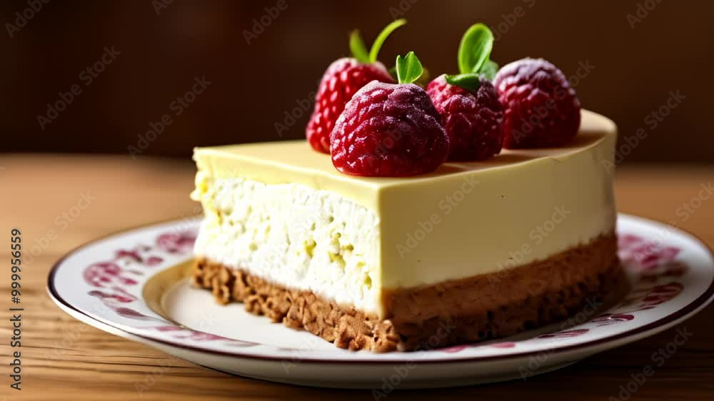 Delicious slice of layered cake with raspberries ready to be savored Delicious slice of layered cake with raspberries ready to be savored