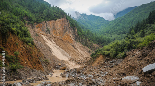 dramatic mountain slope has collapsed, revealing rugged landscape filled with rocks and debris. scene captures raw power of nature, surrounded by lush greenery and towering mountains