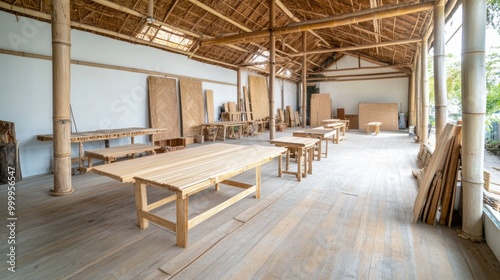 Spacious Bamboo Workshop Interior with Wooden Furniture