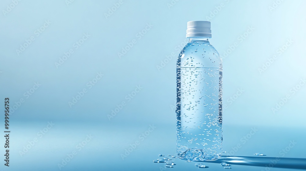 A single plastic water bottle with bubbles on a blue background. A single plastic water bottle with bubbles on a blue background.