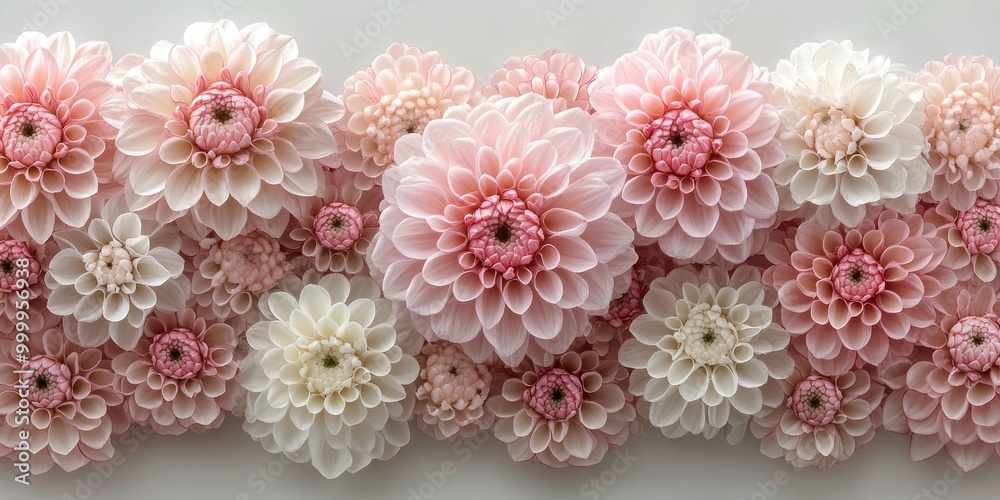 A delicate arrangement of blush pink and ivory dahlias, showcasing the intricate detail of their petals and their soft, romantic charm. A delicate arrangement of blush pink and ivory dahlias, showcasing the intricate detail of their petals and their soft, romantic charm.