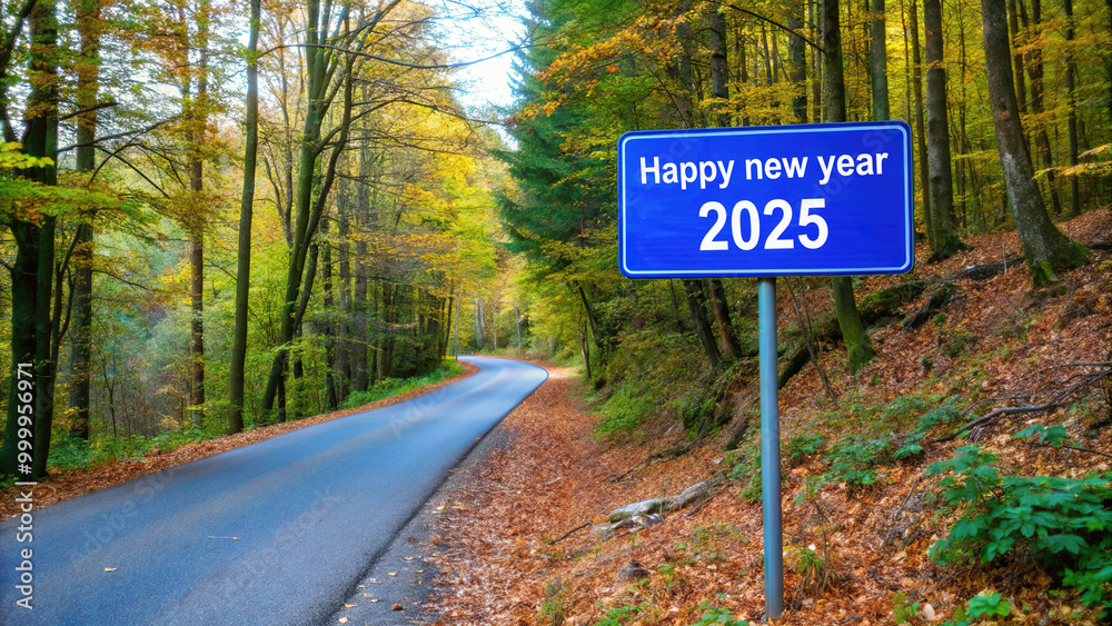 A serene forest road with a blue sign welcoming the new year 2025 amid colorful autumn foliage A serene forest road with a blue sign welcoming the new year 2025 amid colorful autumn foliage