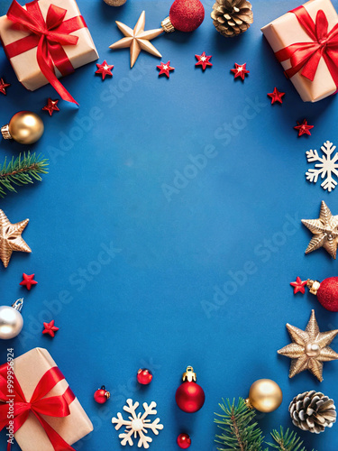 Cheerful Christmas greeting card featuring festive decorations and beautifully wrapped gifts on a blue background