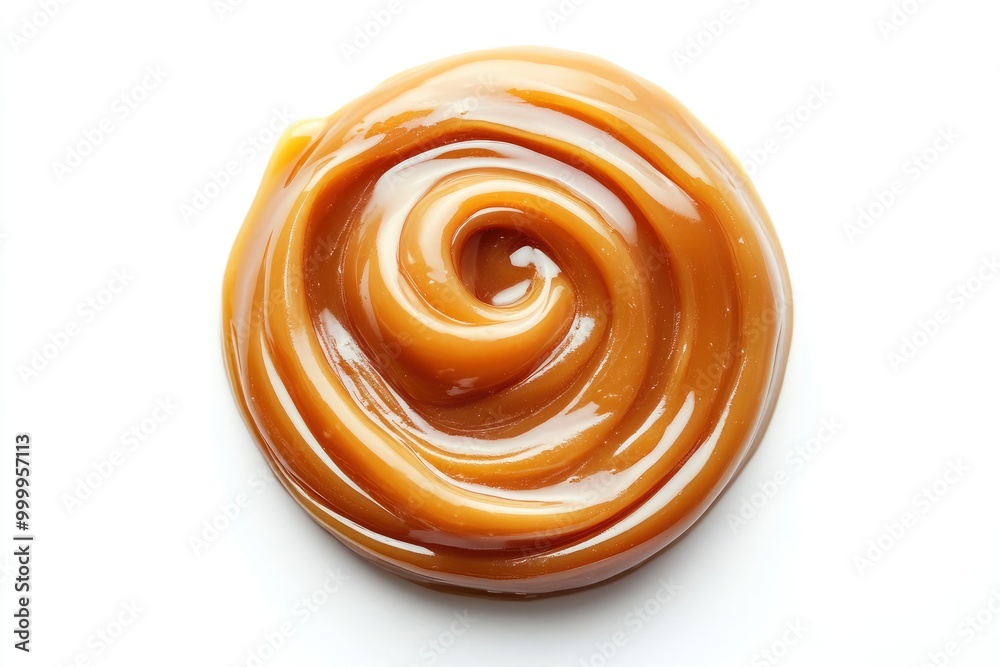 Caramel sauce swirl isolated on white background, top view - generative ai Caramel sauce swirl isolated on white background, top view - generative ai
