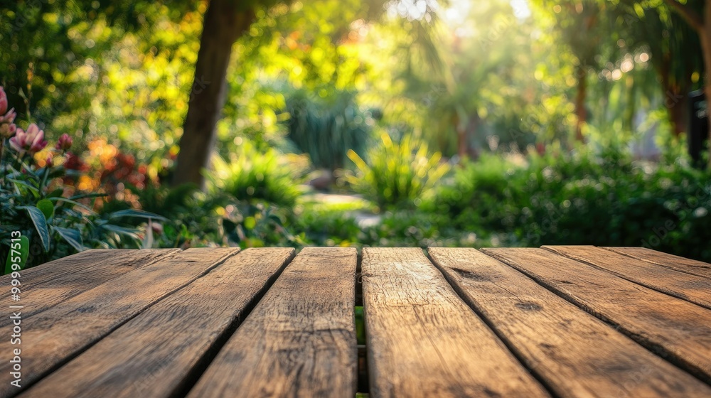 Empty wooden tabletop in a serene, lush garden, ideal for outdoor meals and casual backyard gatherings Empty wooden tabletop in a serene, lush garden, ideal for outdoor meals and casual backyard gatherings