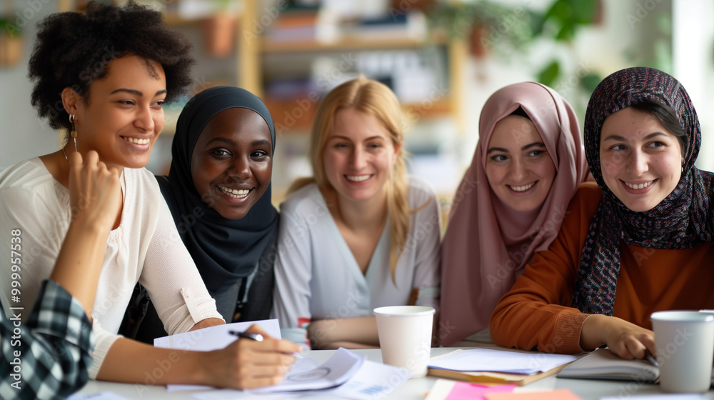 Diverse Women's Team Collaborating in Office, Smiling and Engaged with Documents, Embodying Teamwork and Professionalism. Diverse Women's Team Collaborating in Office, Smiling and Engaged with Documents, Embodying Teamwork and Professionalism.