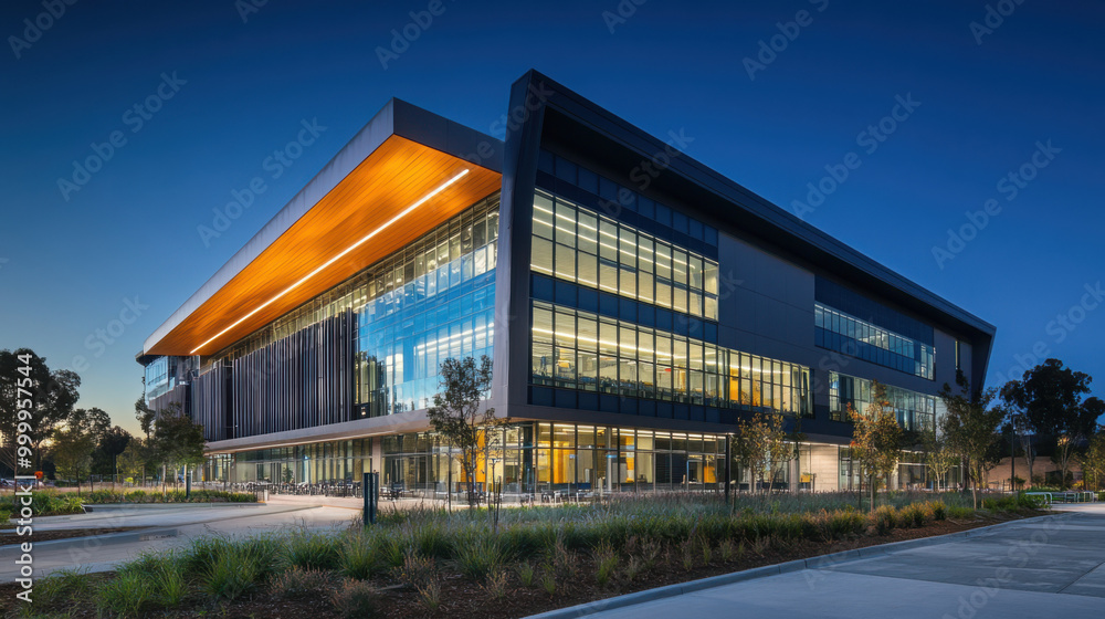 Exterior of a modern tech hub with dynamic lighting and an environmentally friendly design Exterior of a modern tech hub with dynamic lighting and an environmentally friendly design