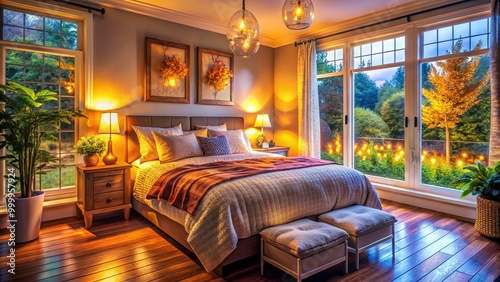 Cozy Bedroom Scene with Soft Bedding and Warm Lighting for a Relaxing Sleep Environment at Home photo