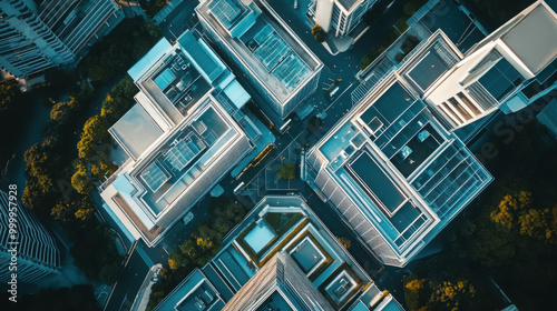 Aerial shot of a high-tech campus with interconnected buildings and advanced infrastructure