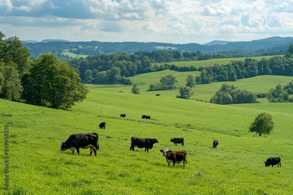 Cattle cow grazing on farmland. Grazing Cows in a Meadow with Grass. Cows Herd on a Grass Field. generative ai Cattle cow grazing on farmland. Grazing Cows in a Meadow with Grass. Cows Herd on a Grass Field. generative ai
