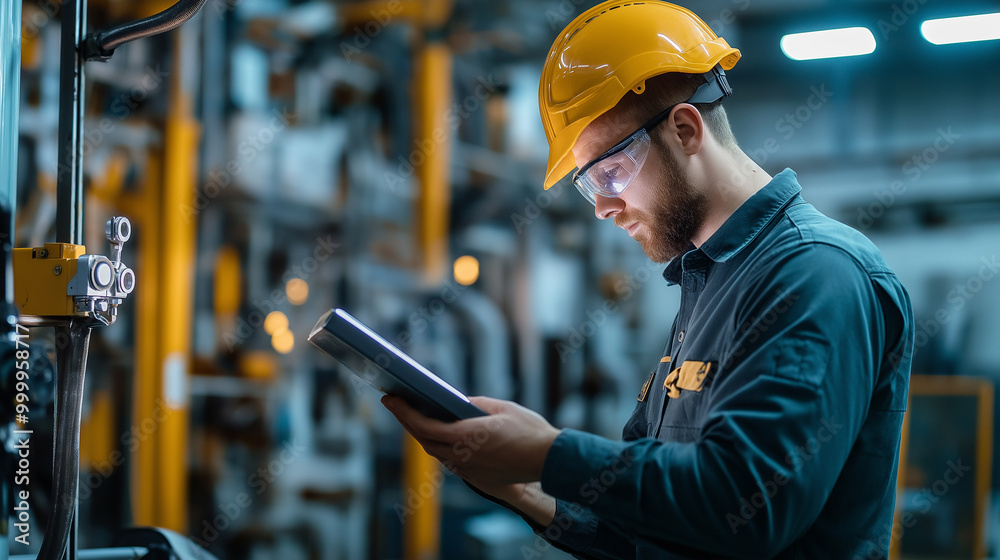 Engineer using tablet in modern industrial facility Engineer using tablet in modern industrial facility