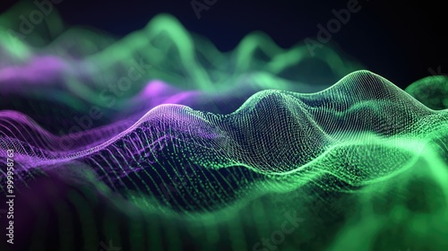 Flowing green and violet shapes, symbolizing the dynamic analytical capabilities of Julia programming in data science. Abstract lines and waves