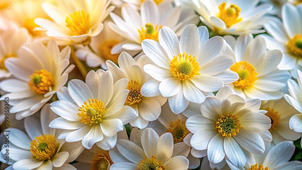 Fototapeta premium High angle view of flowers with white petals and yellow stamens