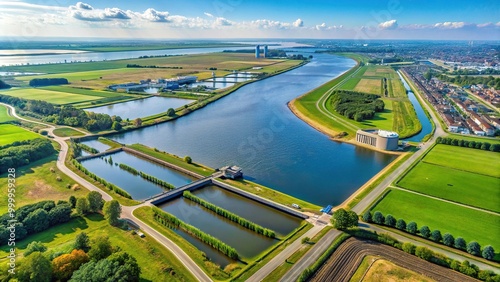 High angle view of Flevoland polder dam with Almere Poort residential area in the background